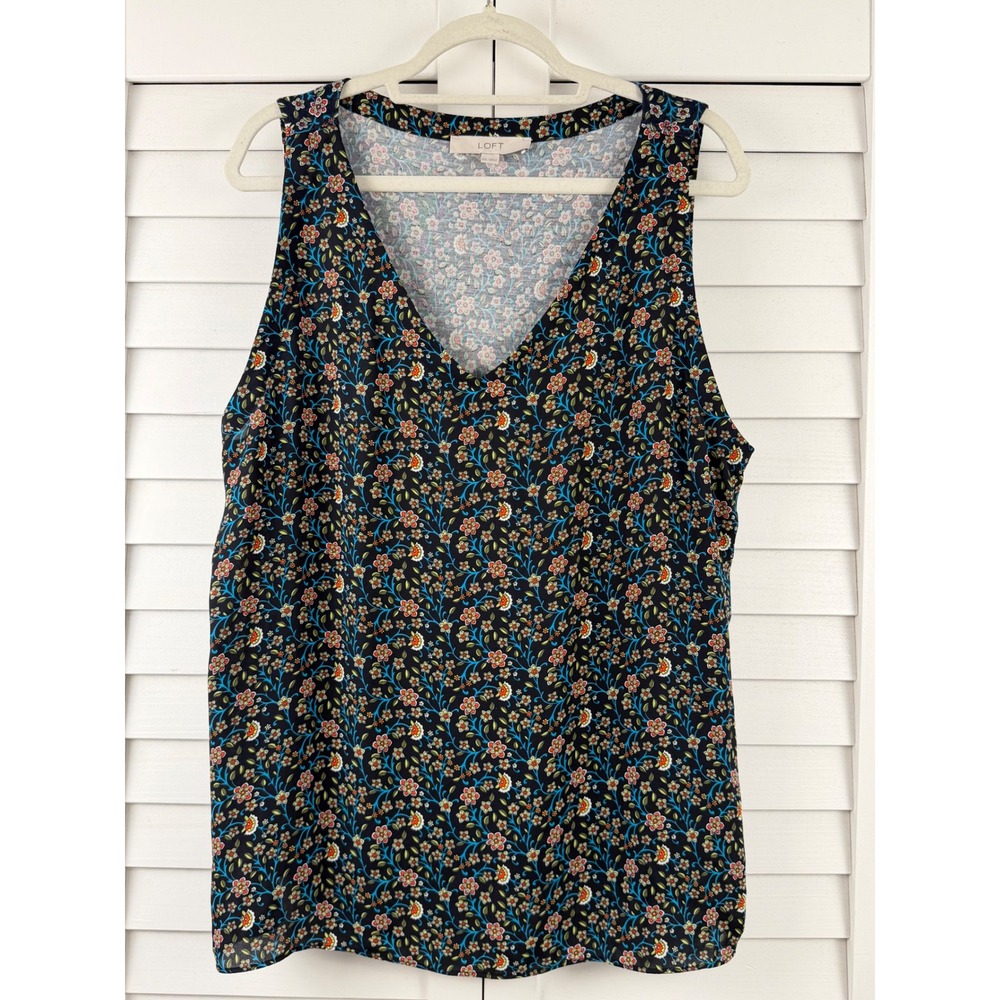 LOFT Tank Top Women XXL Black Floral V-Neck Sleeveless Mixed Media Blouse